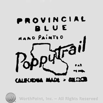 Writing Provincial Blue Hand printed up California made by Metlox under Poppytrail over map middle