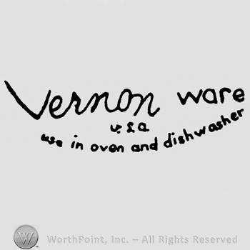 Stylish writing Vernon Ware USA under use in dishwasher and oven