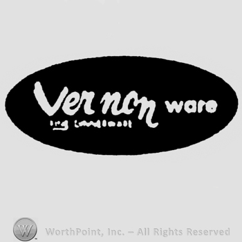 Stylish white writing Vernon Ware inside a black oval
