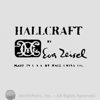 Writing Hallcraft up monogram of letters MCC in white inside black rectangle Eva Zeisel stylish writing under
