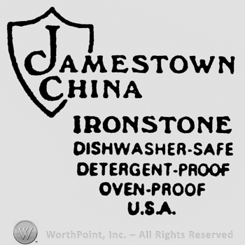 Shield with writing Jameston China from it Ironstone Dishwasher-safe Detergent-proof Oven-proof USA under all capital letters