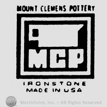 Writing Mount Clemes Potetry up Ironstone Made in USA down white kettle and initials MCP on a black square