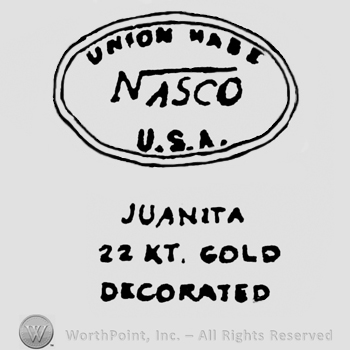 Written inside an oval: Union Made on top, Nasco in the middlle with a stylized N, U.S.A. on the bottom. Juanita 22 Kt Gold Decorated written under on 3 lines