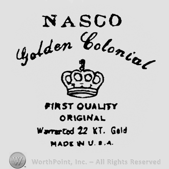 A crown in themiddle. Nasco is capital written on top, Golden Colonial is handwritten under. First quality originial is written under the crown.