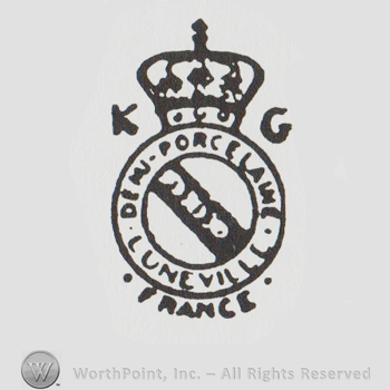 Crown over a round design with Demi-Porcelain Luneville in uppercase letters, France written below in uppercase letters