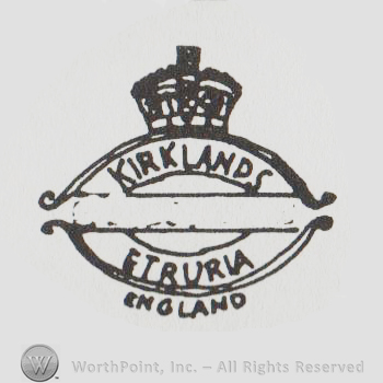 a crown above an oval logo with "kirklands etruria" written with uppercase letters, England written below with uppercase letters