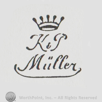 Crown over uppercase handwritten K&P Muller, signature-like