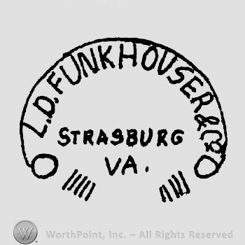 Semicircle with L.D. Funkhouser & Co written arched inside it above Strasburg written above VA., and 5 vertical lines on left and 5 on right, under it