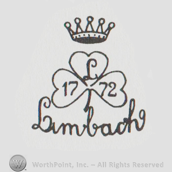 a crown above a three-leaf clover with uppercase L and number 17 and 72 written on the leafs, Limbach handwritten below