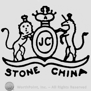 A lion and an unicorn holding an oval. Crown above and letter A written inside. Initials J C written inside the oval