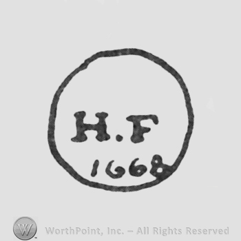 initials H F, 1668 under, inside a circle