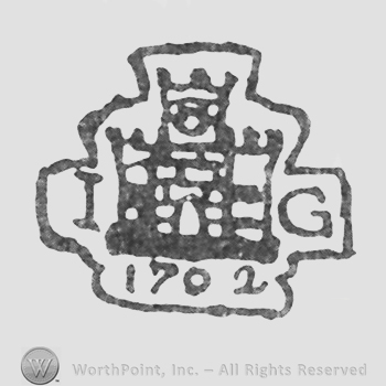 castle, initial I on the left, G on the right, 1702 written under