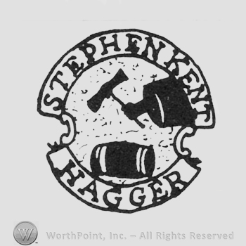 hand holding an ax directed to a log, label above STEPHEN KENT, under HAGGER