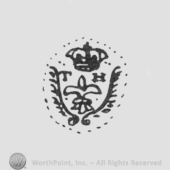 fleur-de-lis, initials T H above, crown above them, between laurels
