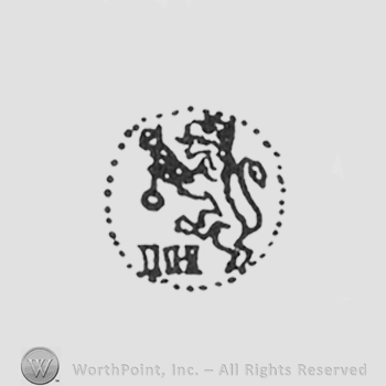 lion on two legs holding a key, initisla J H on the left side, inside a punctuated circle