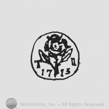 rose between initials T J, 1713 under, inside a circle