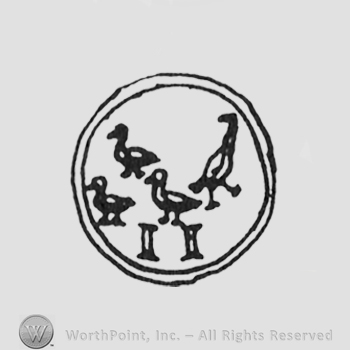 4 birds, initials J J under, inside a double outlined circle