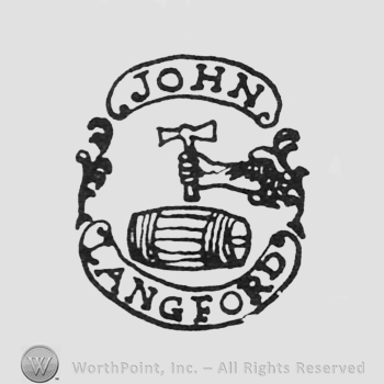 hand holding an ax above a barrel, label above JOHN, under LANGFORD