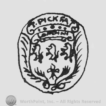 flower and three lions between laurels under label T. PICKFAT all inside an oval