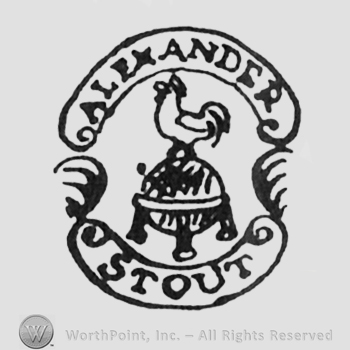 labels ALEXANDER up STOUT down chicken on top of globe middle between laurels