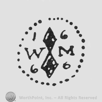 two diamonds 16 up initials WM middle 66 down all left and right inside a dotted circle
