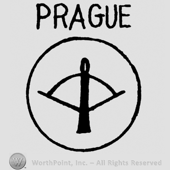 Circle with bow with arrow inside, Prague written in uppercase letters