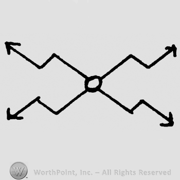 Four arrows with zig-zag lines and a small circle in the middle