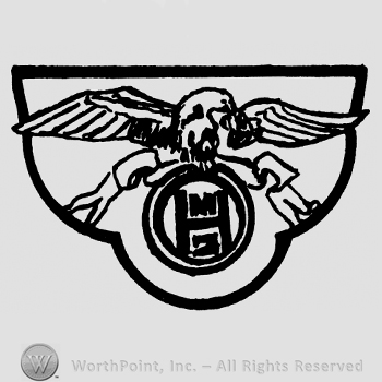 Eagle sitting on a double circle, uppercase H written inside, all on a shield