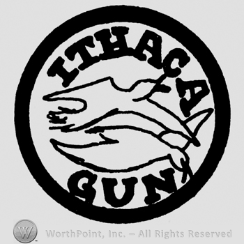 Ithaca Gun written with uppercase letters inside a circle with two doves