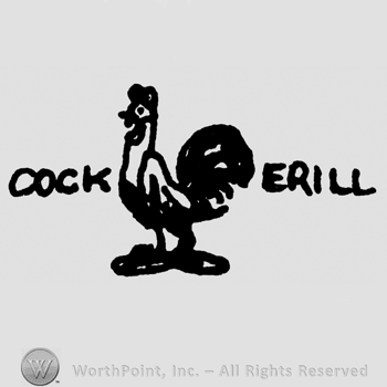 A rooster, Cock Erill written with uppercase letters