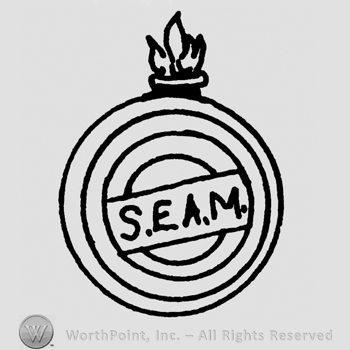 Seam written with uppercase letters inside several concentric circles with a flame above
