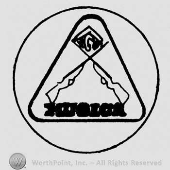 Two crosse rifles, Mugica written with uppercase letters inside a triangle, inside a circle