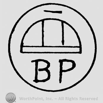 Uppercase BP and a semi-circle with lines inside a circle