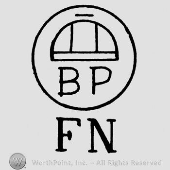 Uppercase BP and a semi-circle with lines inside a circle, uppercase FN outside the circle