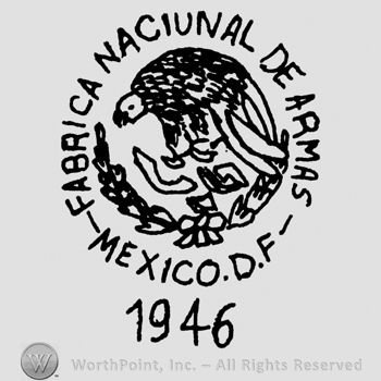 Eagle's head, Fabrica Naciunal de Armas Mexico D.F. written with uppercase letters, 1946 written below