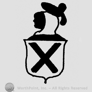 Shield with X, head with hat above