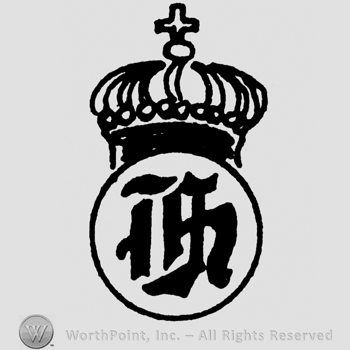Complex letter design inside a circle with a crown above