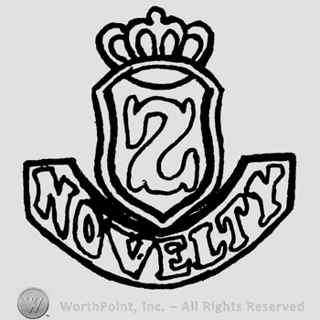 Mirrored uppercase S inside a shield with crown, Novelty written below with uppercase letters