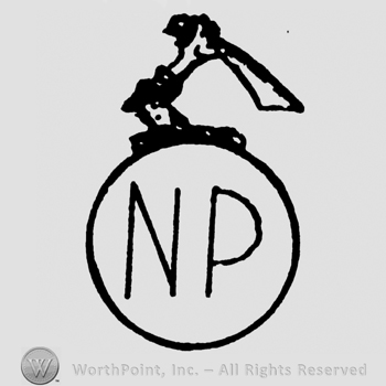 Uppercase NP in a circle, hand with sword above