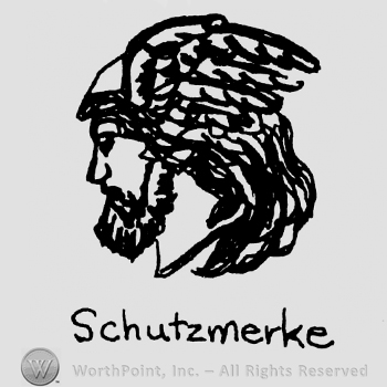 Human head with wings, beard, Schutzmerke written with lowercase letters