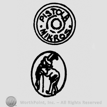 Two round designs, one with human inside, the other one with Pistola Mikros written with uppercase letters