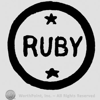 Ruby written with uppercase letters, two stars inside a circle