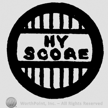Hy Score written with uppercase letters inside a circle with vertical lines inside