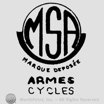 Uppercase MSA inside a circle, Marque Deposee Armes Cycles written outside the circle with uppercase letters