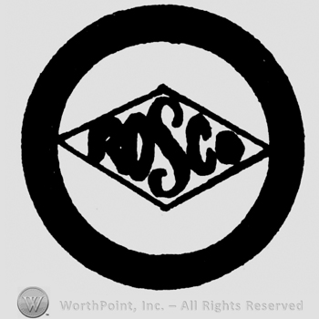 Rosco written with uppercase letters inside a diamond, all inside a circle