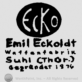 Ecko written with uppercase letters inside an val, Emil Eckoldt Waffenfabrik Suhl (Thos.) Gezrendet 1876 written below with lowercase letters