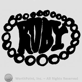 Ruby written with uppercase letters inside an oval made of small circles