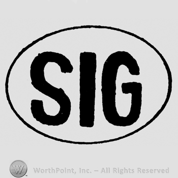 Uppercase Sig written inside an oval