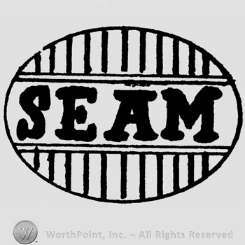 Seam written with uppercase letters inside an oval with vertical lines