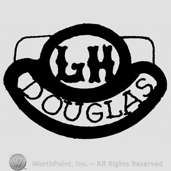 Uppercase LH Douglas written with uppercase letters inside a circle and a ribbon below